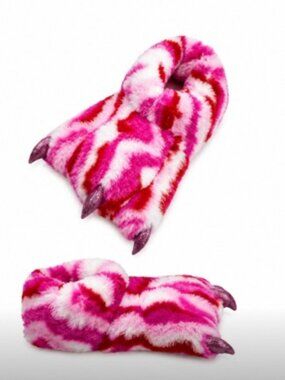 Girls Cozy Fuzzy Monster Claw Light-up Slippers, Soft Plush Pink Striped House S